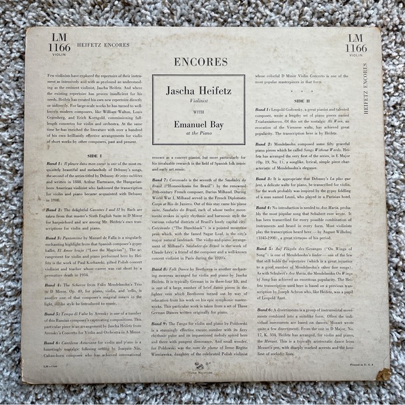 JASCHA HEIFETZ violin ENCORES emanuel BAY piano RCA LM-1166 Vinyl Records - Picture 2 of 5